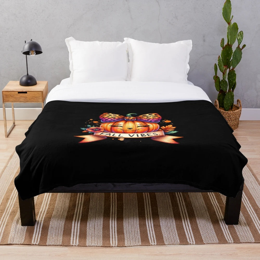 Plush blanket with a watercolor pumpkin design in a stylish leopard print pattern