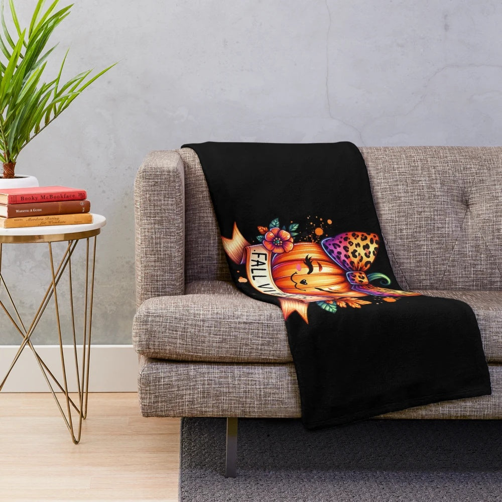 Plush blanket with a watercolor pumpkin design in a stylish leopard print pattern