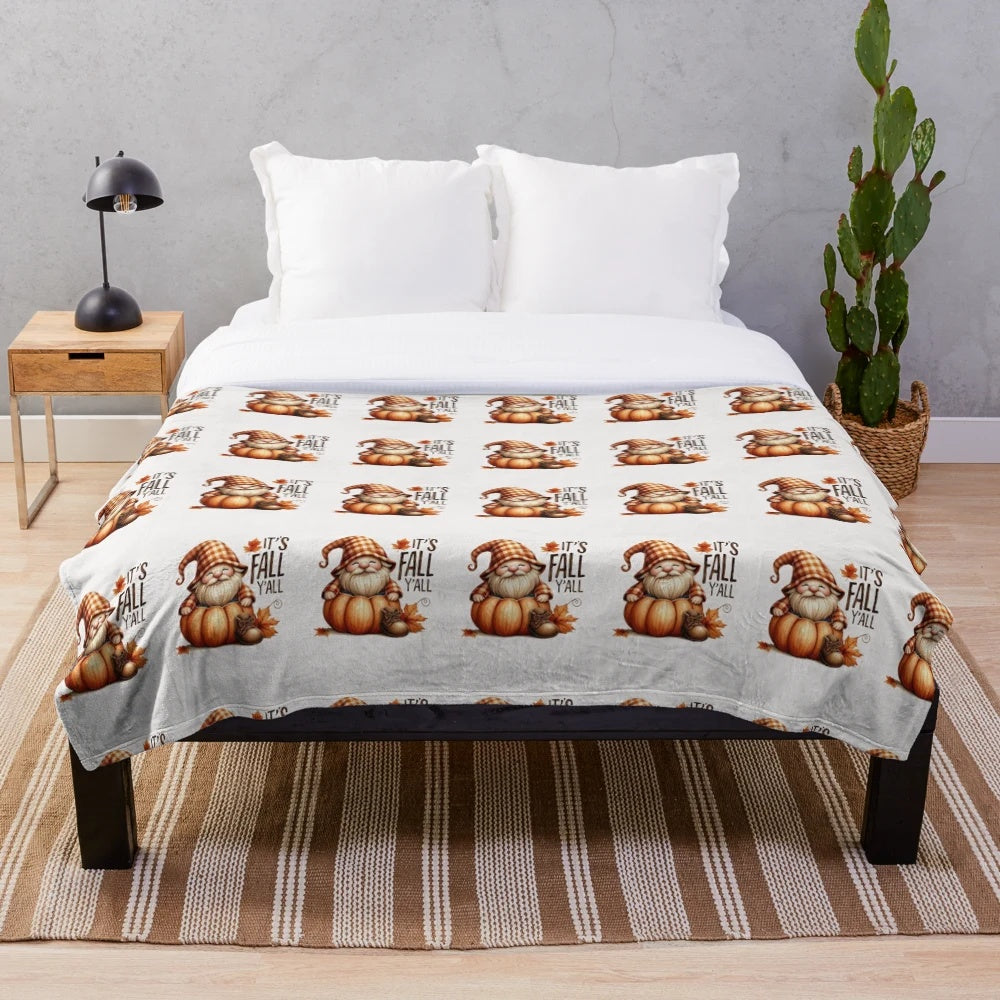 Cozy fall plush blanket with cute gnomes and pumpkins