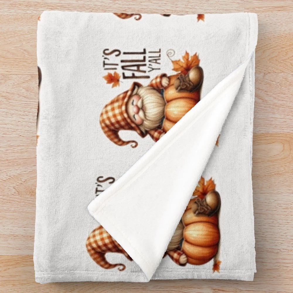 Cozy fall plush blanket with cute gnomes and pumpkins