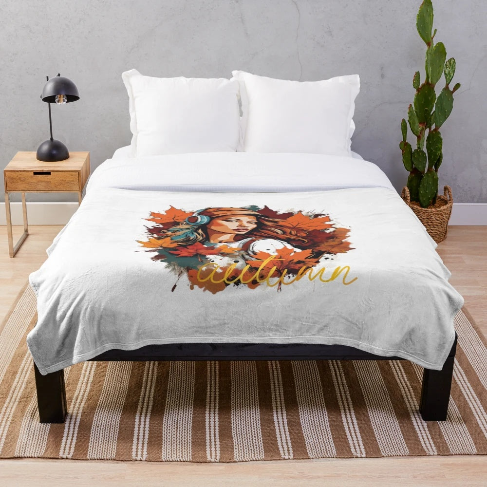 Autumn Nature-Inspired Plush Blanket with Minimalist Floral Art