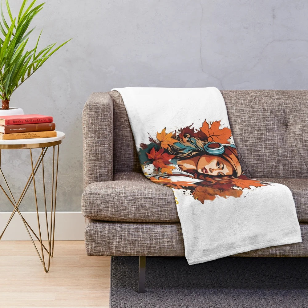 Autumn Nature-Inspired Plush Blanket with Minimalist Floral Art