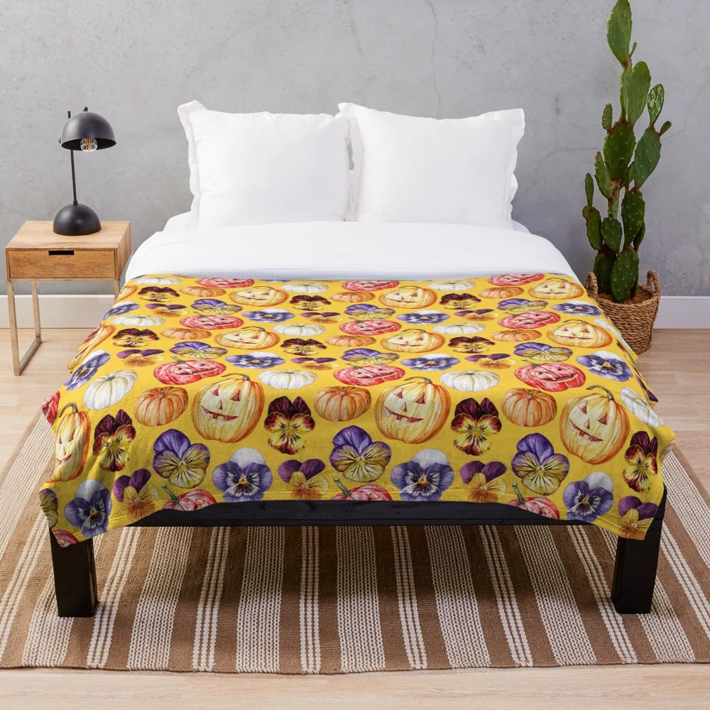 Pumpkin and pansy floral pattern plush blanket