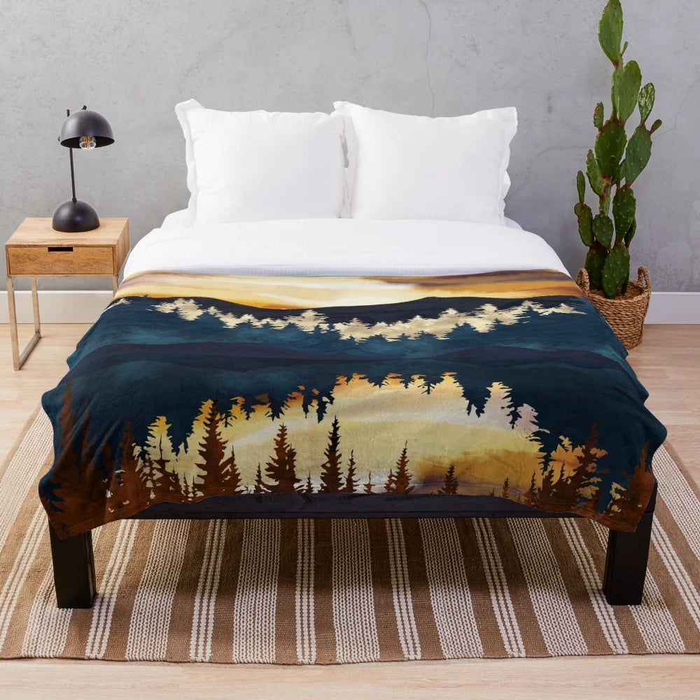 Fall sunset plush blanket with abstract landscape design