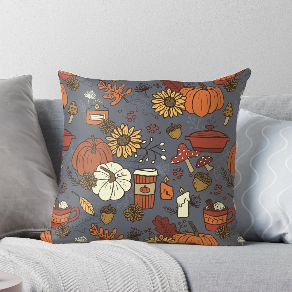 Cozy fall-inspired pattern pillow featuring pumpkins, leaves, and other autumnal elements
