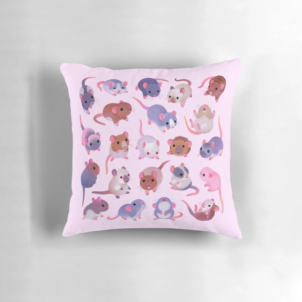 Soft pink pillow featuring a cute and cuddly fancy rat design, perfect for pet rat owners and animal lovers.