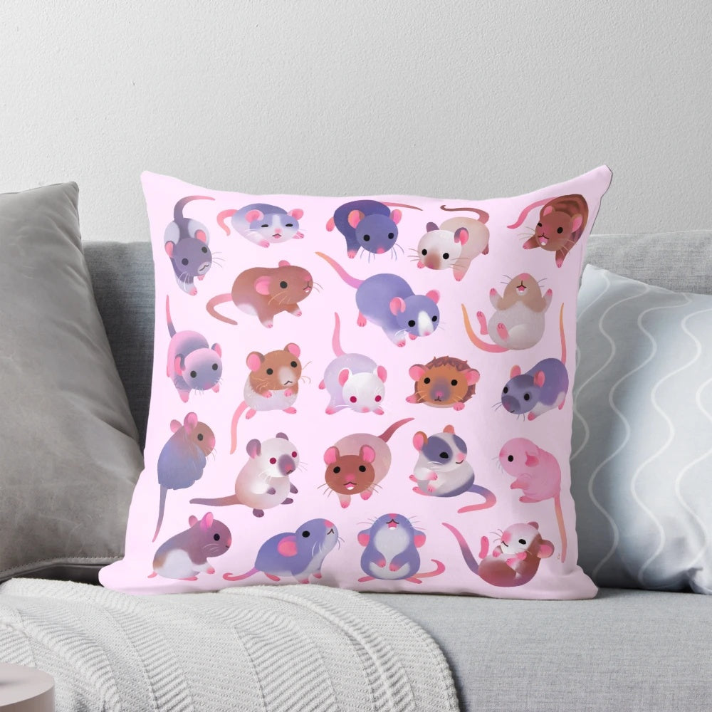 Soft pink pillow featuring a cute and cuddly fancy rat design, perfect for pet rat owners and animal lovers.