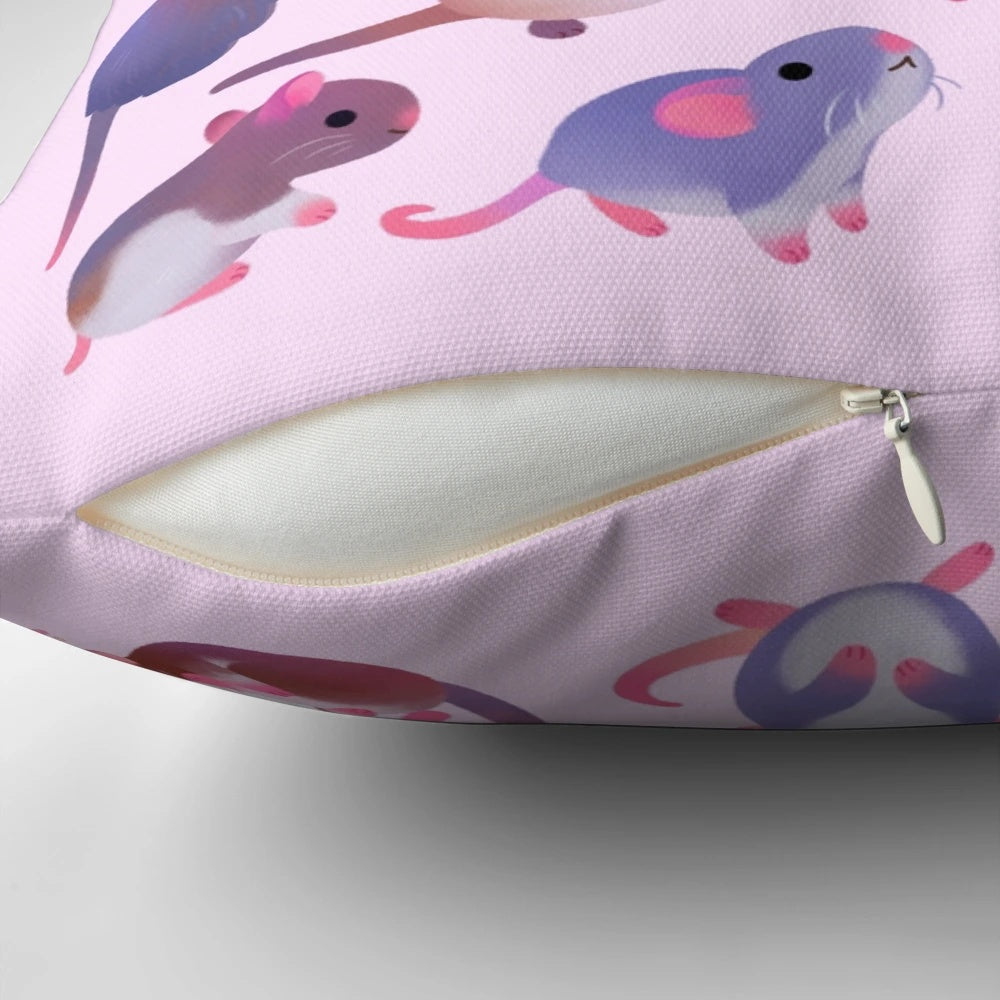 Soft pink pillow featuring a cute and cuddly fancy rat design, perfect for pet rat owners and animal lovers.