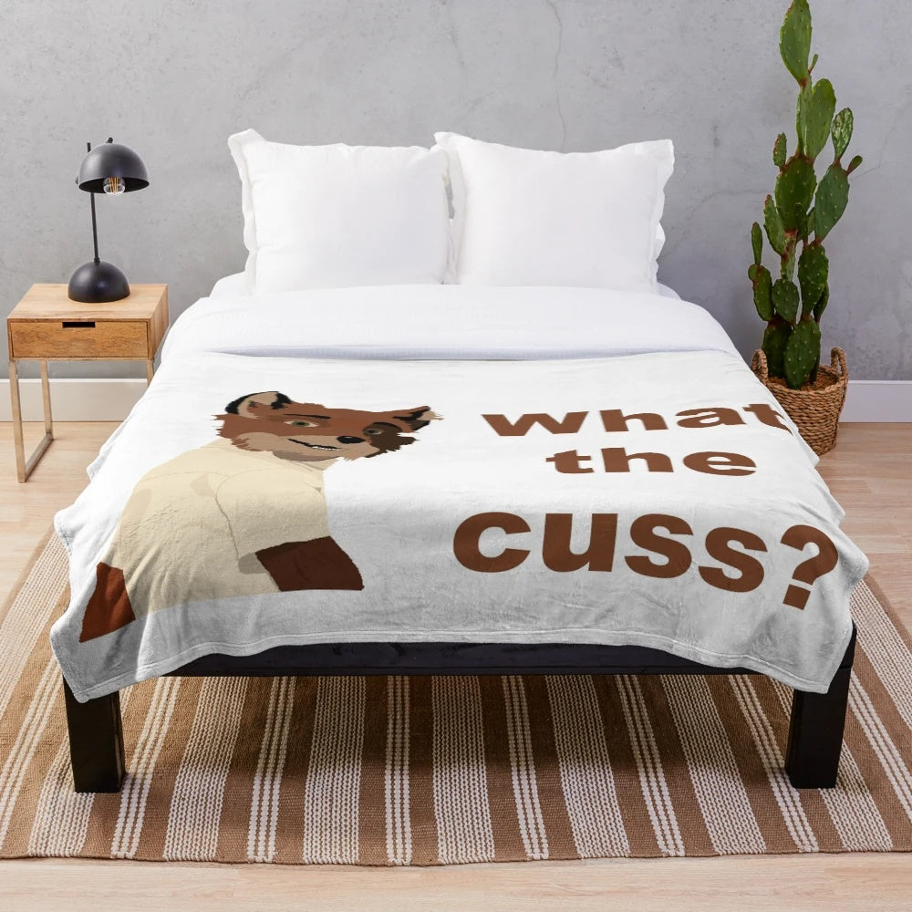 Fantastic Mr. Fox-inspired plush blanket with "What the Cuss?" graphic