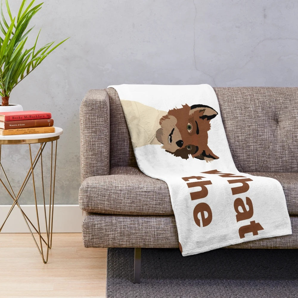 Fantastic Mr. Fox-inspired plush blanket with "What the Cuss?" graphic