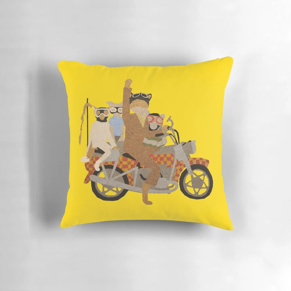 Fantastic Mr. Motorcycle Pillow featuring a motorcycle design inspired by Wes Anderson's Fantastic Mr. Fox movie