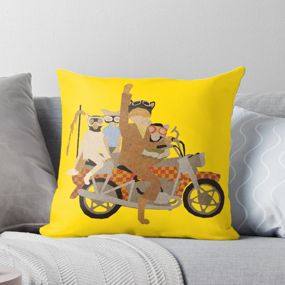 Fantastic Mr. Motorcycle Pillow featuring a motorcycle design inspired by Wes Anderson's Fantastic Mr. Fox movie