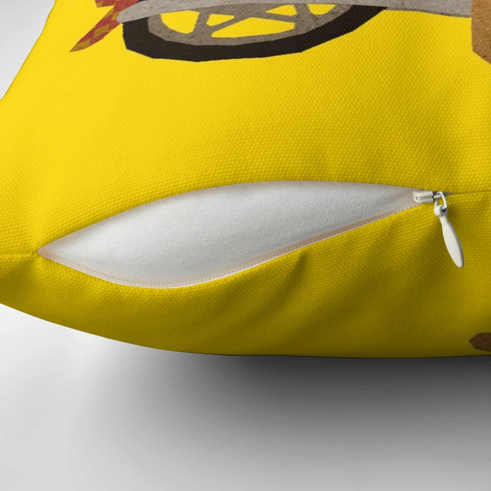 Fantastic Mr. Motorcycle Pillow featuring a motorcycle design inspired by Wes Anderson's Fantastic Mr. Fox movie