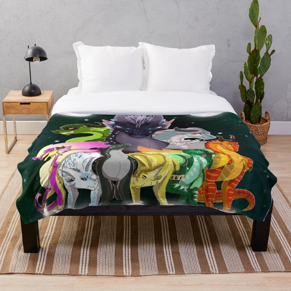 Wings of Fire inspired plush blanket featuring mythical dragon characters