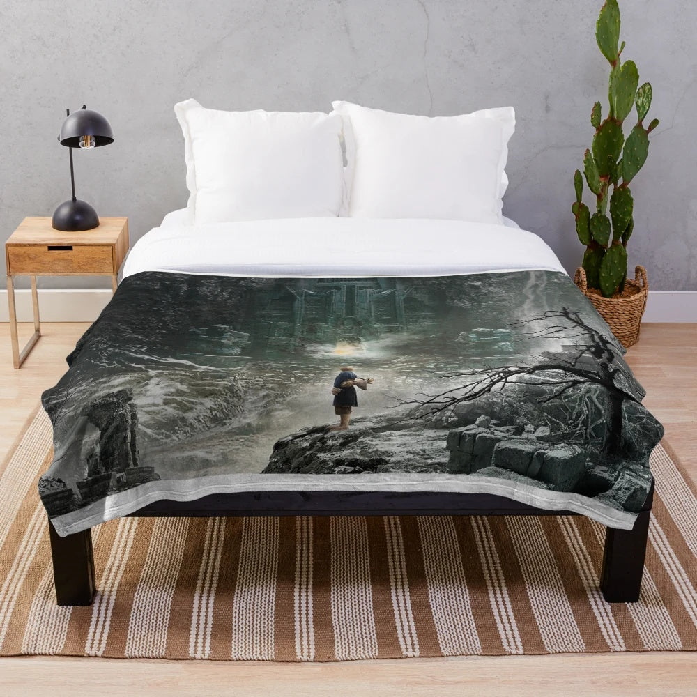Cozy plush blanket with a fantasy forest design inspired by Lord of the Rings