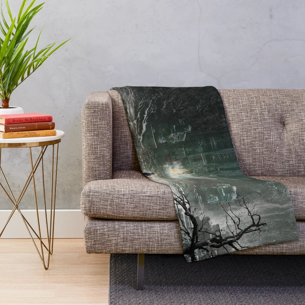 Cozy plush blanket with a fantasy forest design inspired by Lord of the Rings