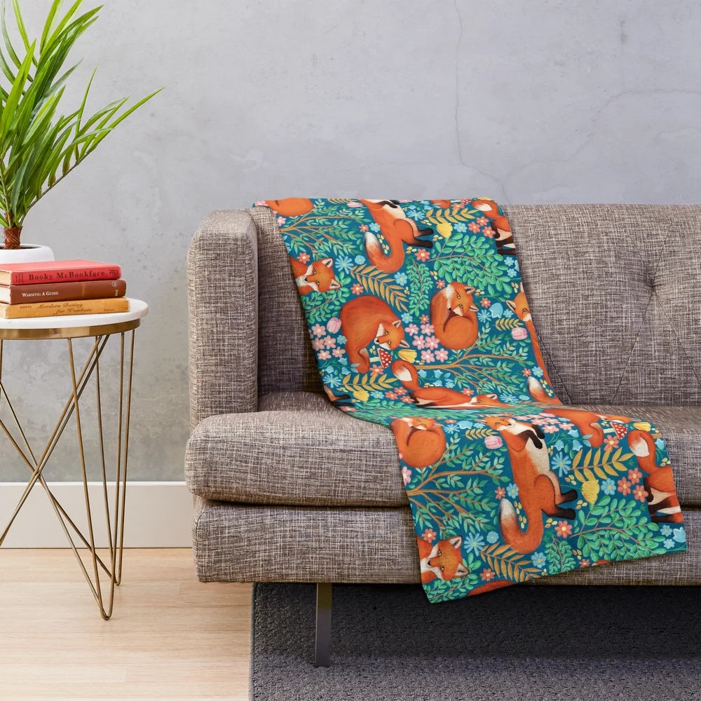 Soft and plush blanket featuring a fantasy forest design with cute woodland animals like foxes and dogs.