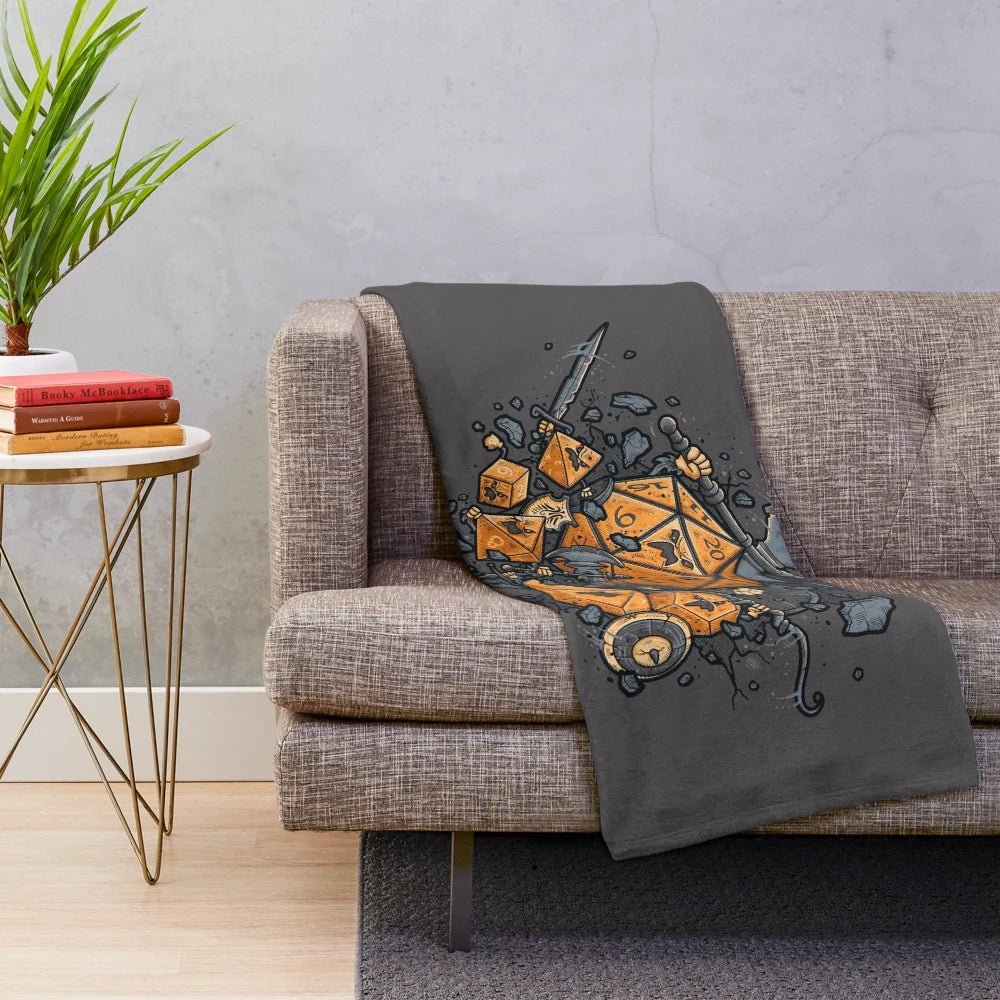 Closeup of a plush blanket with a fantasy RPG design