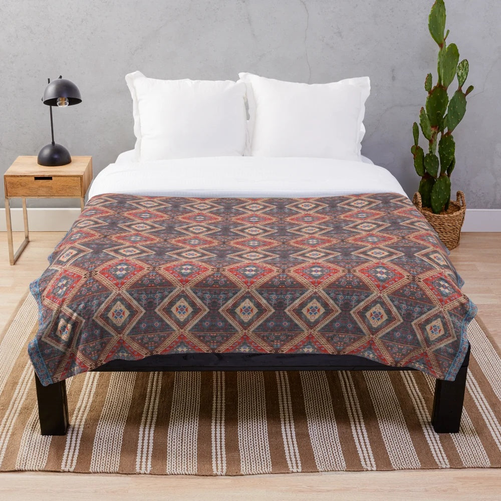 Plush blanket with Moroccan-inspired oriental artwork and rustic farmhouse style