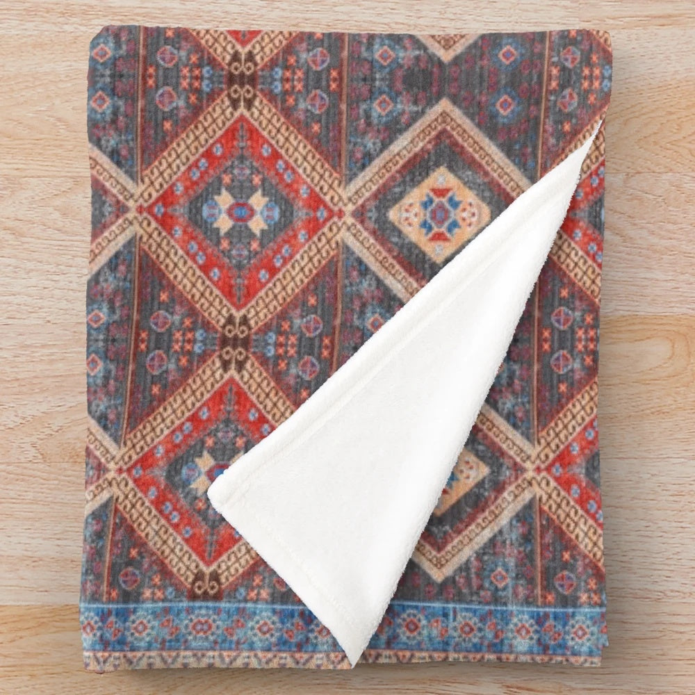Plush blanket with Moroccan-inspired oriental artwork and rustic farmhouse style