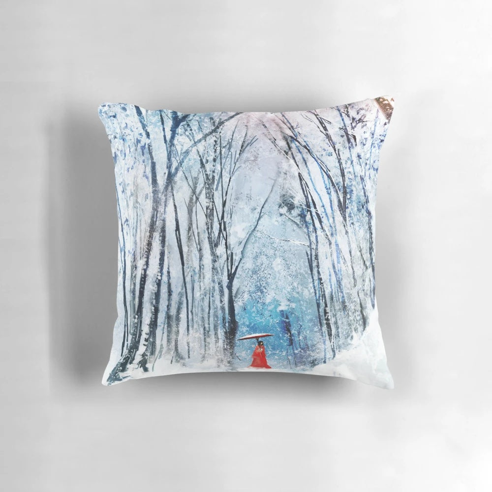Vibrant February snow landscape with enchanting Japanese girl in elegant forest kimono