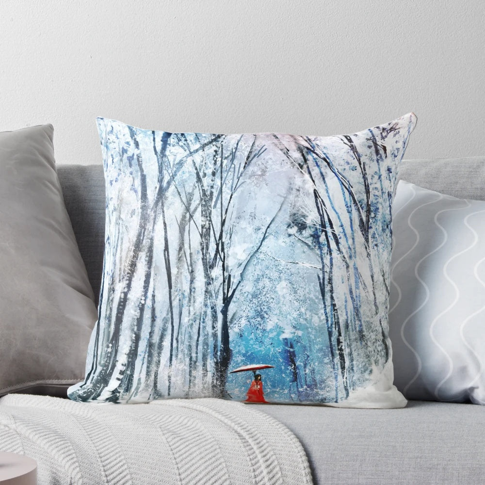 Vibrant February snow landscape with enchanting Japanese girl in elegant forest kimono