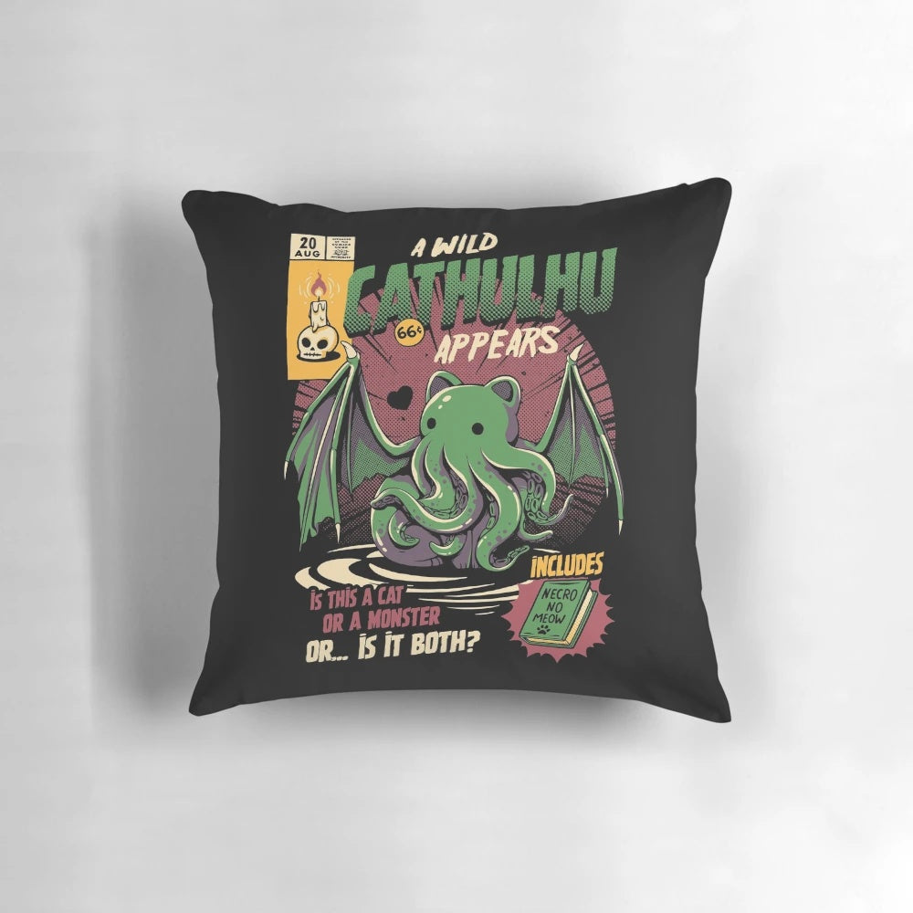 Decorative throw pillow featuring a playful cat design with Cthulhu-inspired elements, perfect for horror fans and cat lovers.