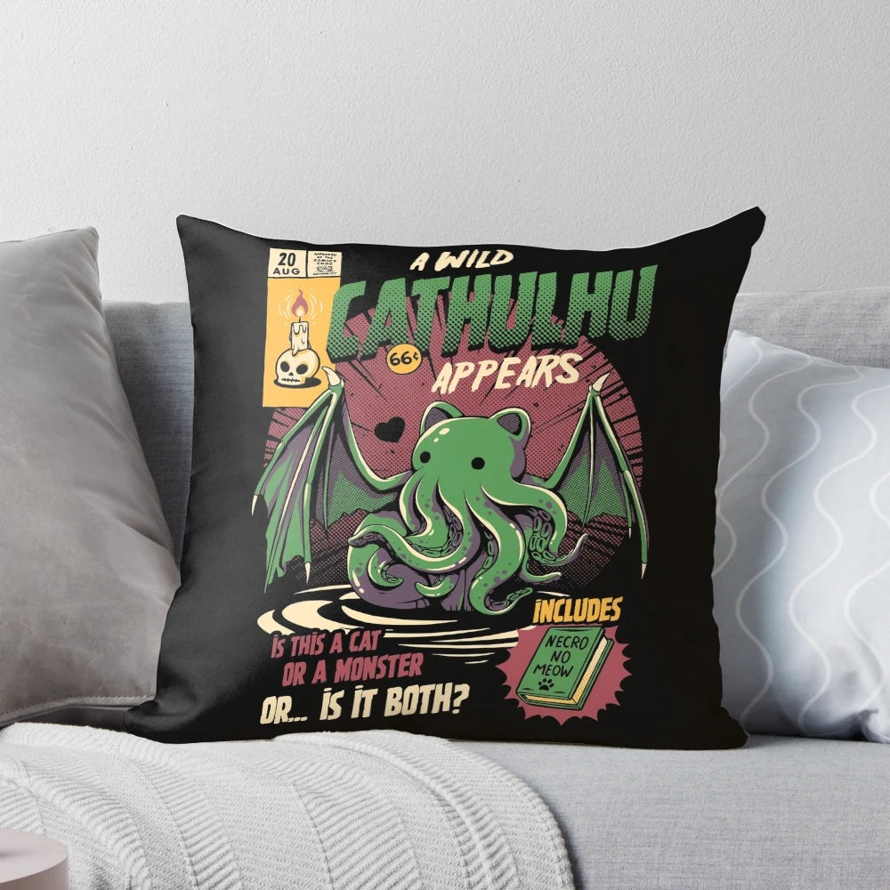Decorative throw pillow featuring a playful cat design with Cthulhu-inspired elements, perfect for horror fans and cat lovers.