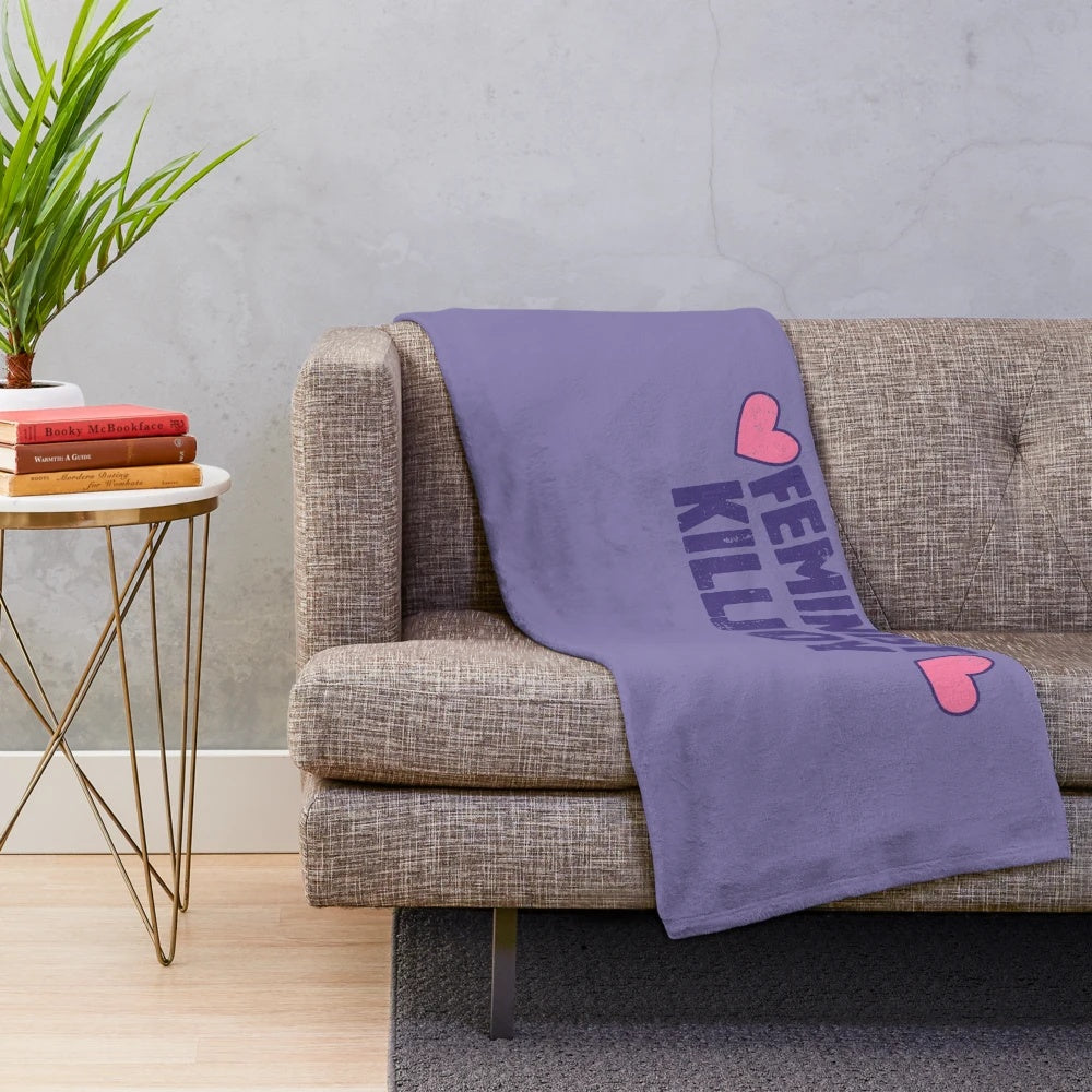 Cozy feminist killjoy plush blanket with pink and purple hearts