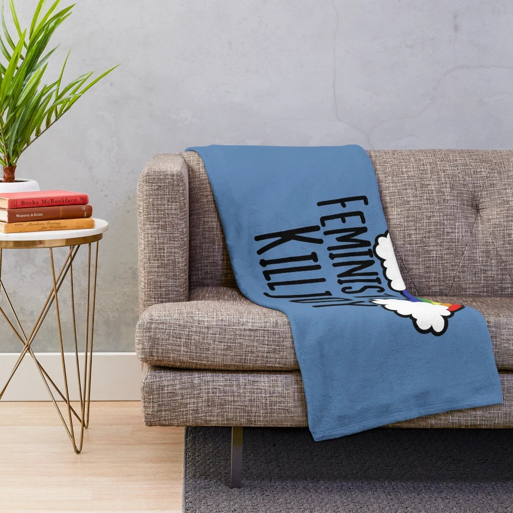 Feminist killjoy plush blanket with rainbow pattern