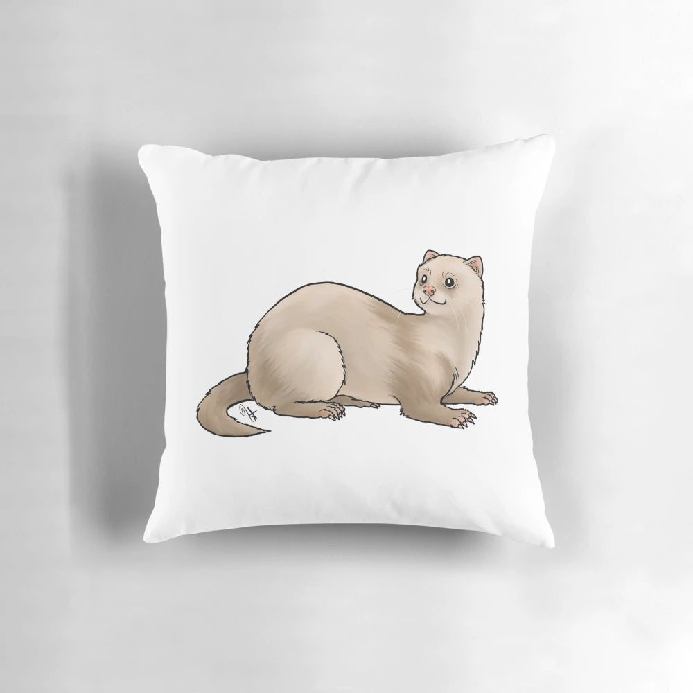 Tan colored pillow with a doodle illustration of a cute ferret or weasel-like animal
