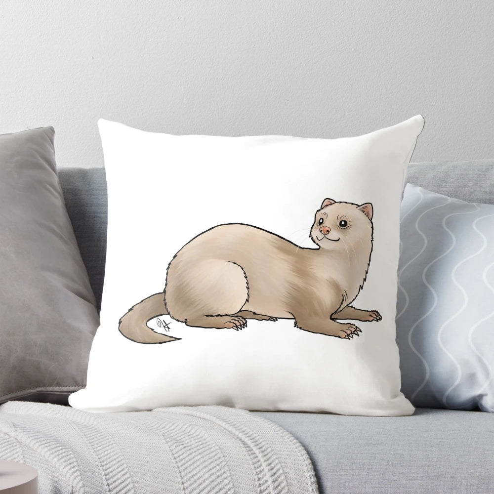 Tan colored pillow with a doodle illustration of a cute ferret or weasel-like animal