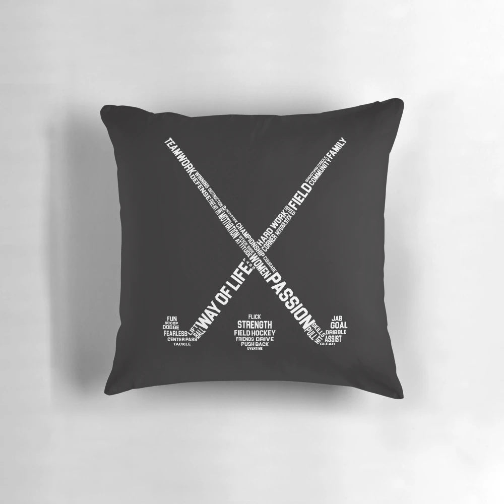 Field hockey words printed on a soft, plush pillow