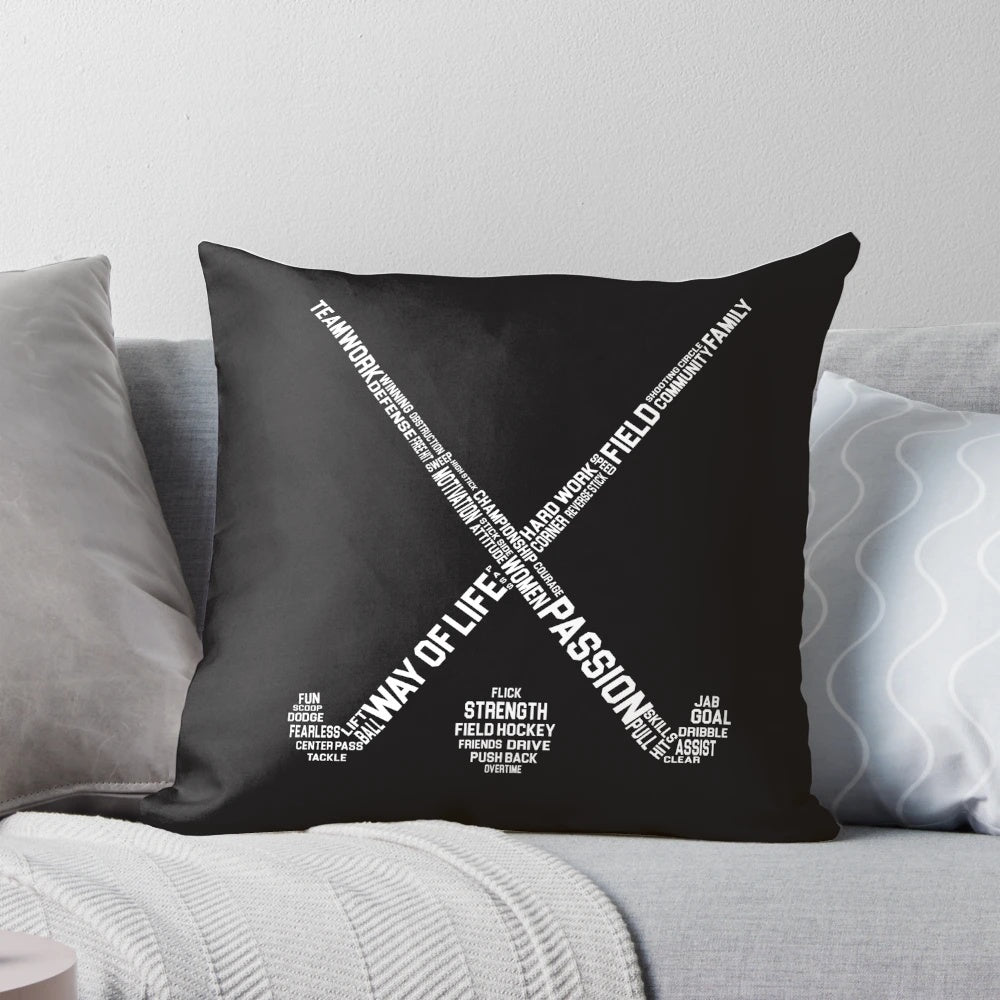 Field hockey words printed on a soft, plush pillow