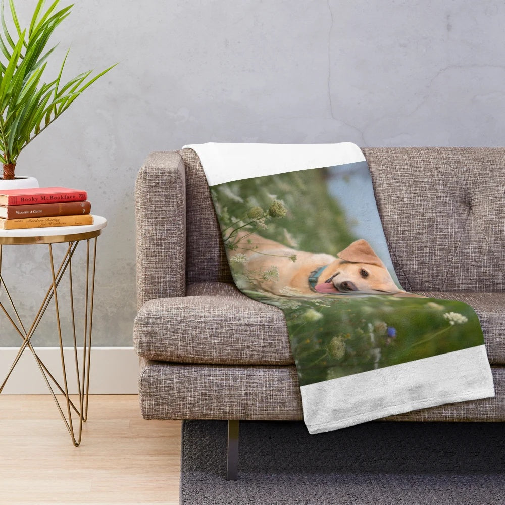 A plush blanket featuring a cute Labrador puppy in a field of flowers