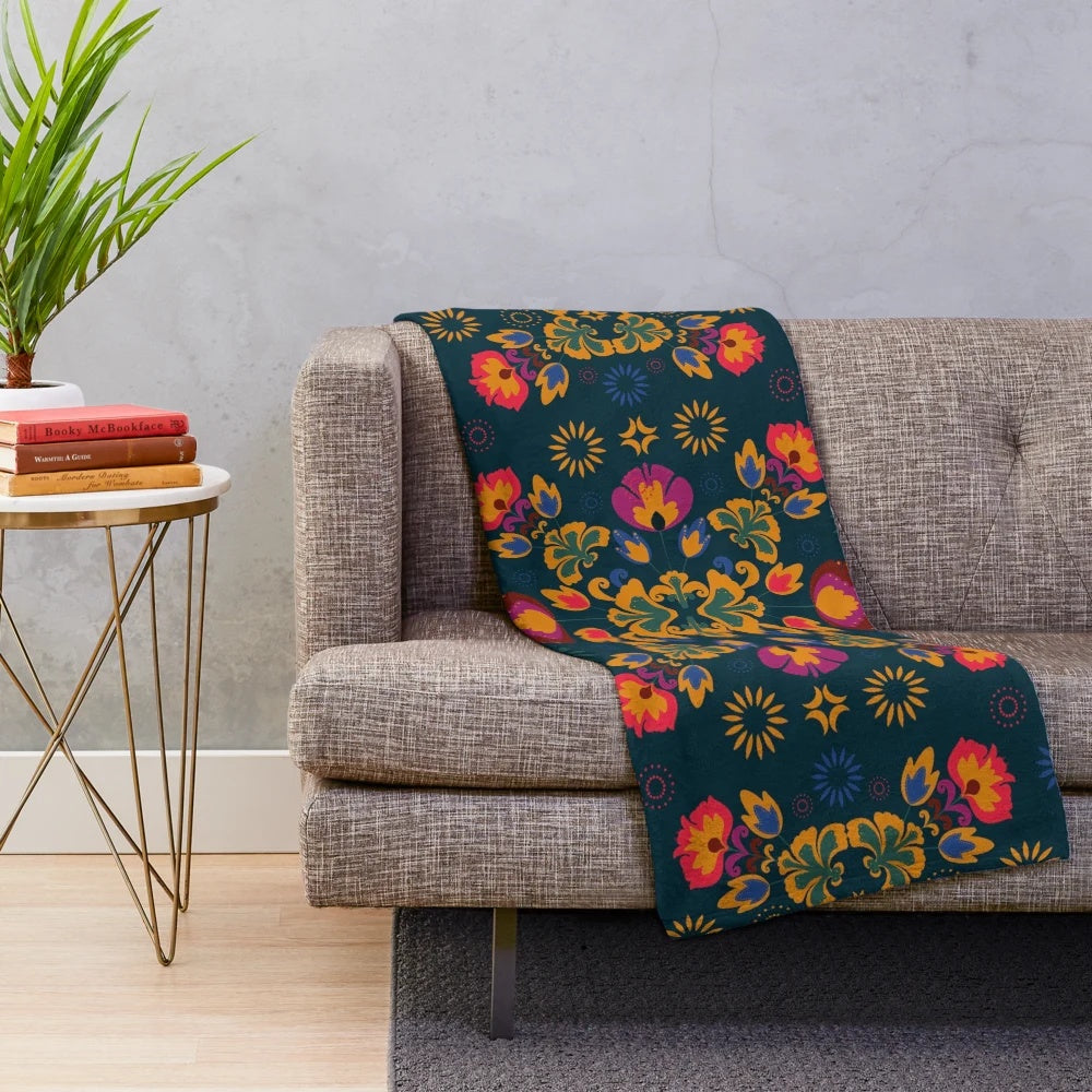 Fiesta folk blue plush blanket with abstract modern pattern