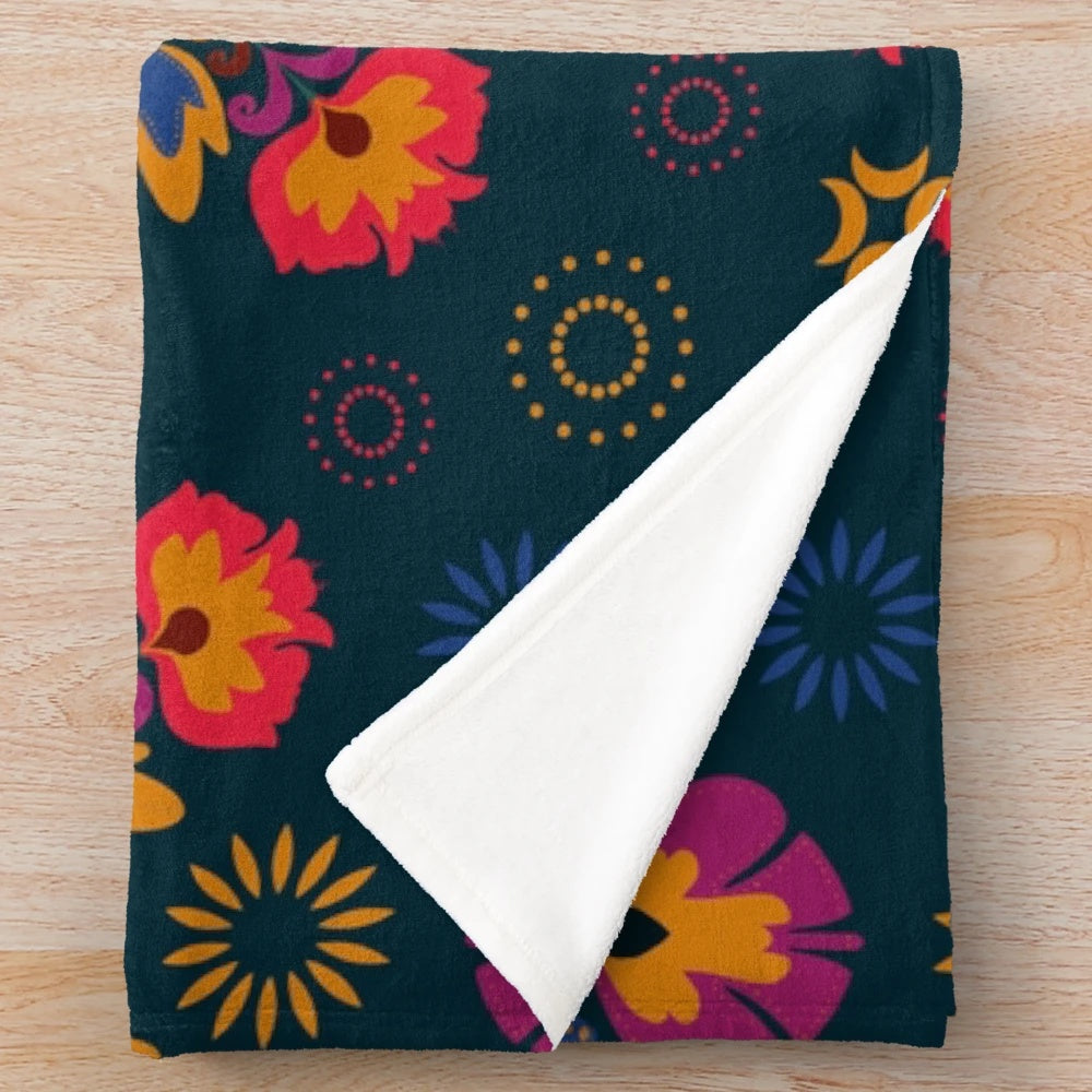 Fiesta folk blue plush blanket with abstract modern pattern