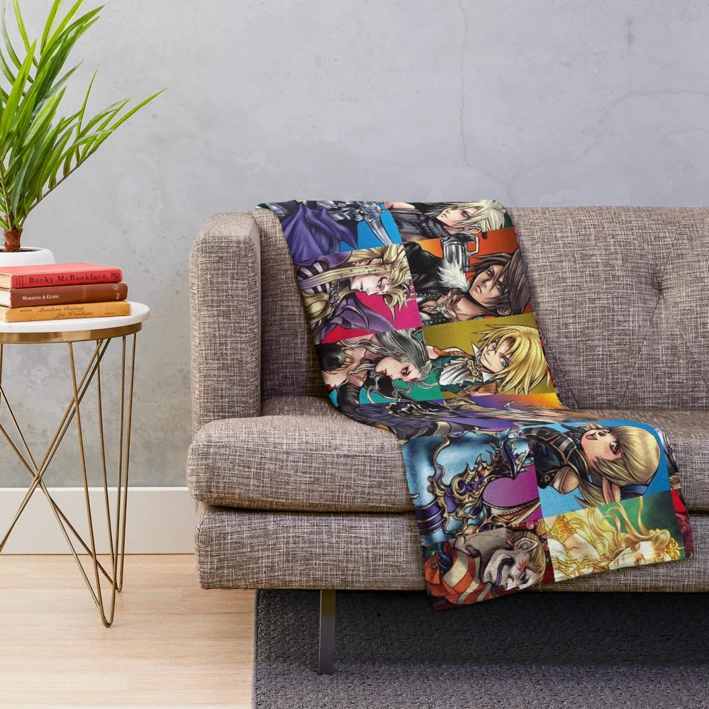 Final Fantasy-inspired plush blanket featuring characters and symbols from the popular video game series