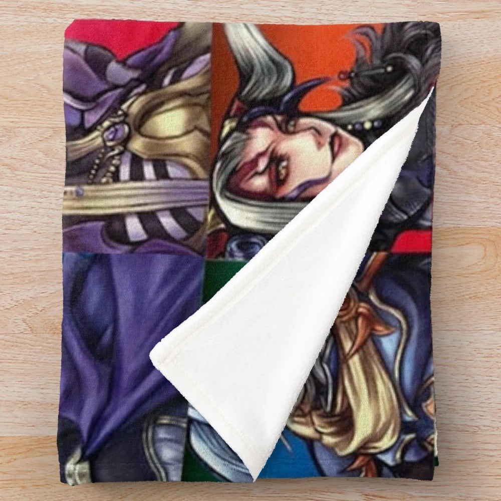 Final Fantasy-inspired plush blanket featuring characters and symbols from the popular video game series