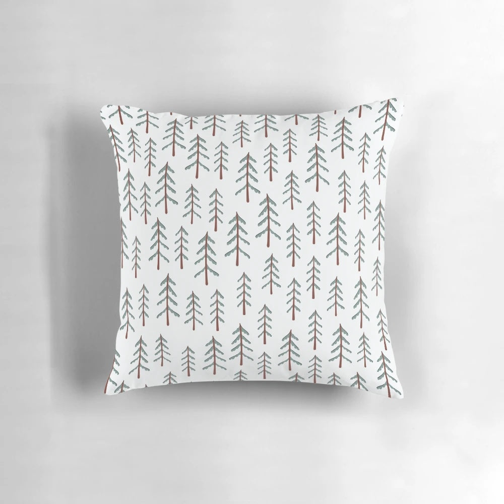 A decorative pillow featuring a whimsical doodle design of a fir tree on a wooden background, perfect for adding a touch of nature to your holiday home.