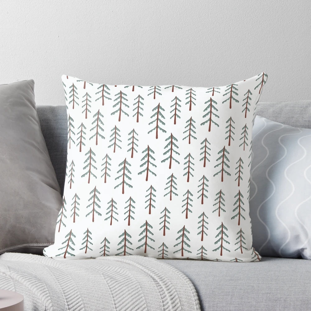 A decorative pillow featuring a whimsical doodle design of a fir tree on a wooden background, perfect for adding a touch of nature to your holiday home.