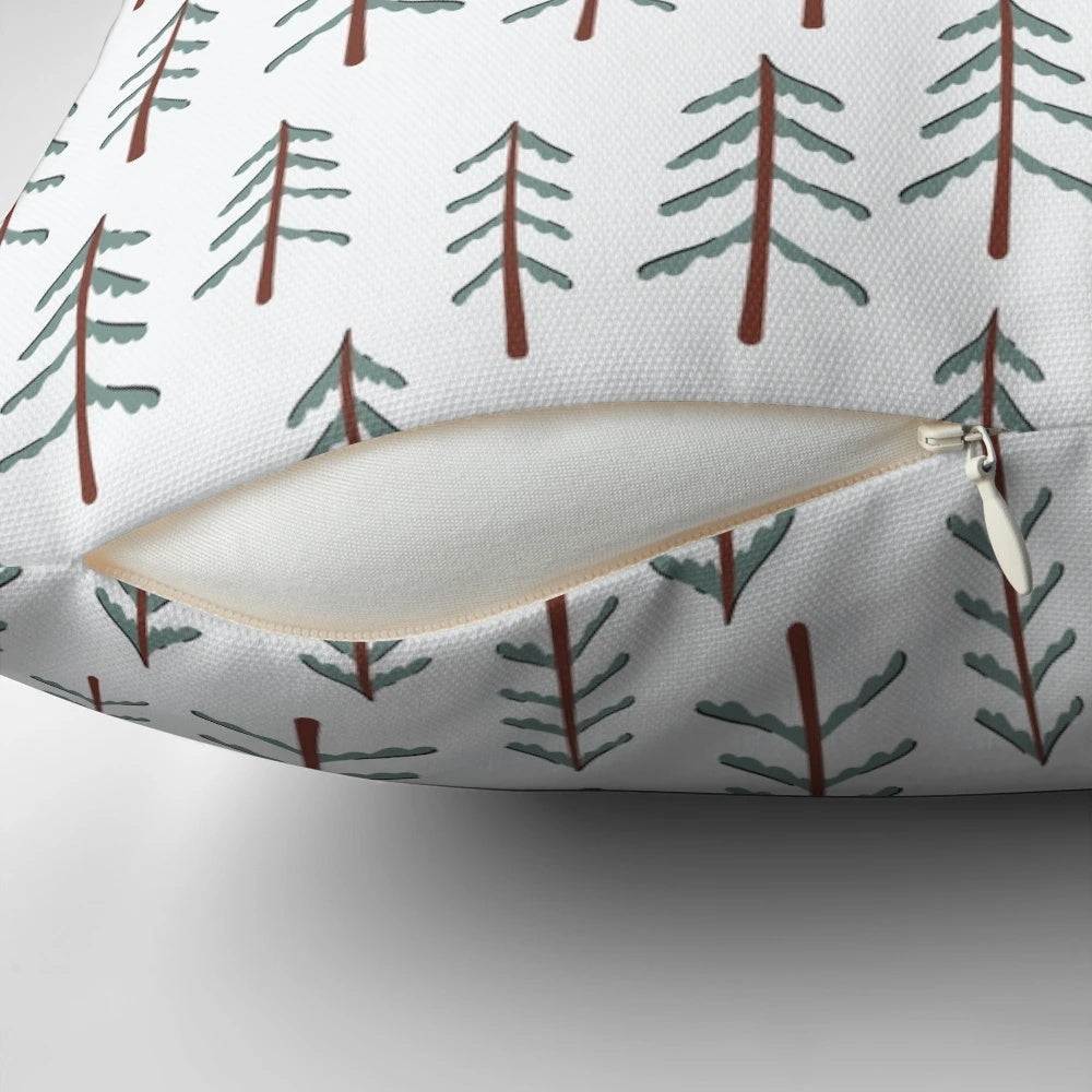 A decorative pillow featuring a whimsical doodle design of a fir tree on a wooden background, perfect for adding a touch of nature to your holiday home.