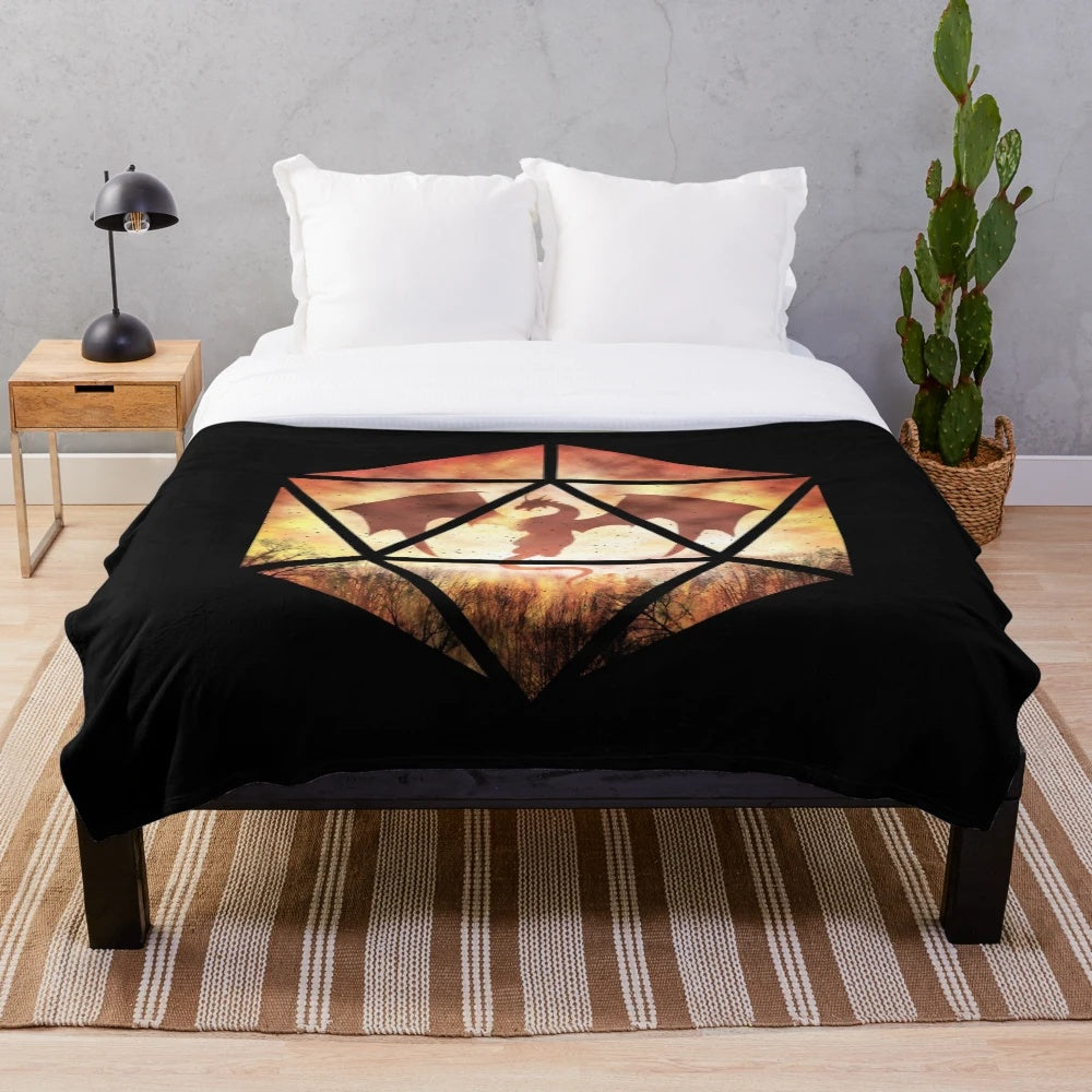 Fire dragon themed d20 dice plush blanket for tabletop RPG fans