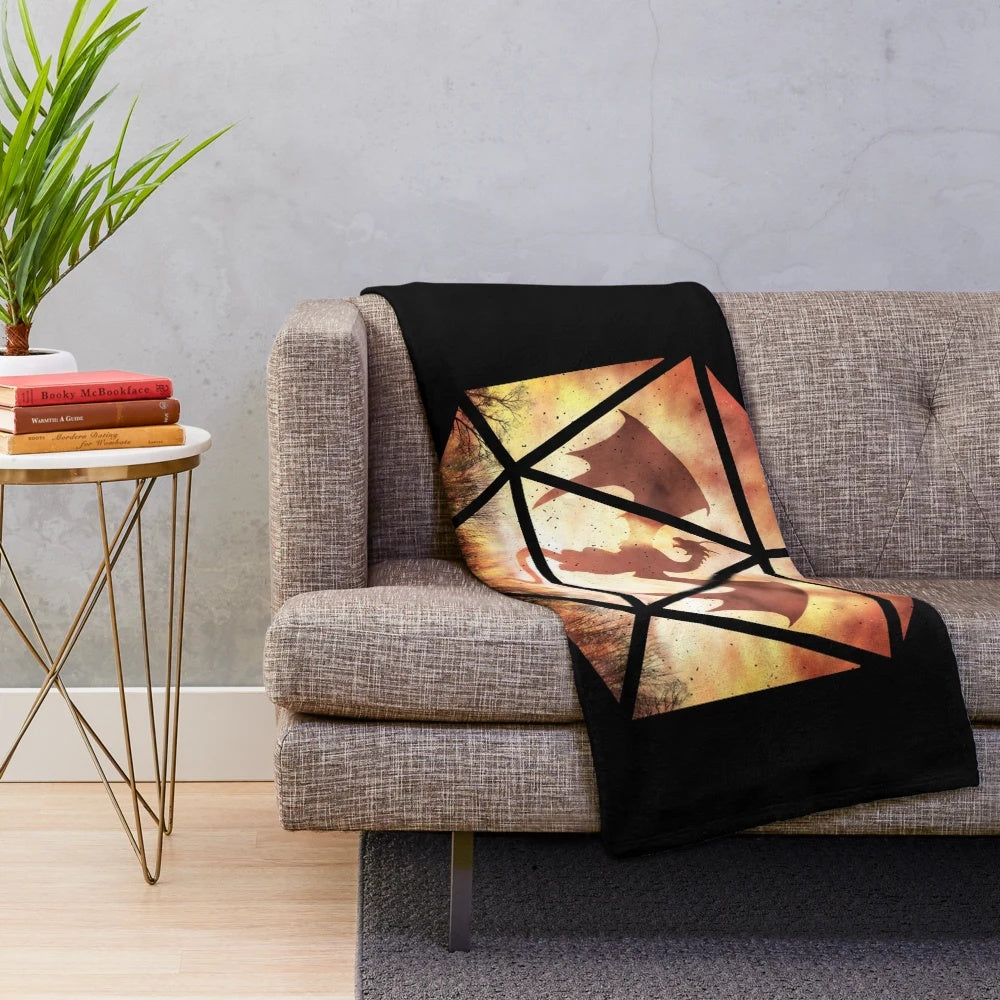 Fire dragon themed d20 dice plush blanket for tabletop RPG fans