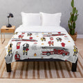 Fireman-themed plush blanket with fire truck, firefighter, and dalmatian design