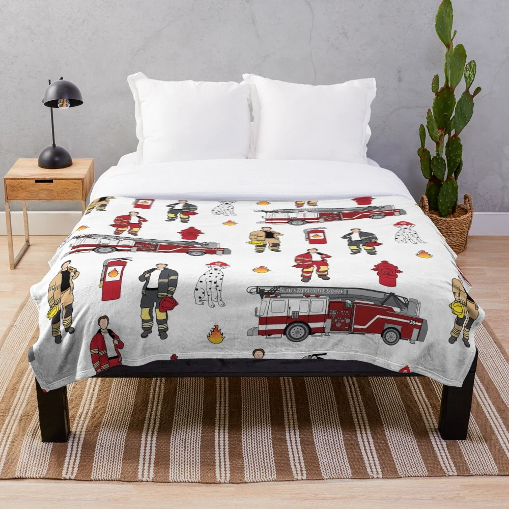 Fireman-themed plush blanket with fire truck, firefighter, and dalmatian design