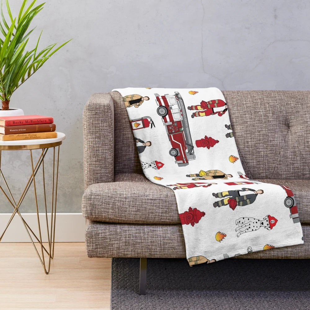 Fireman-themed plush blanket with fire truck, firefighter, and dalmatian design
