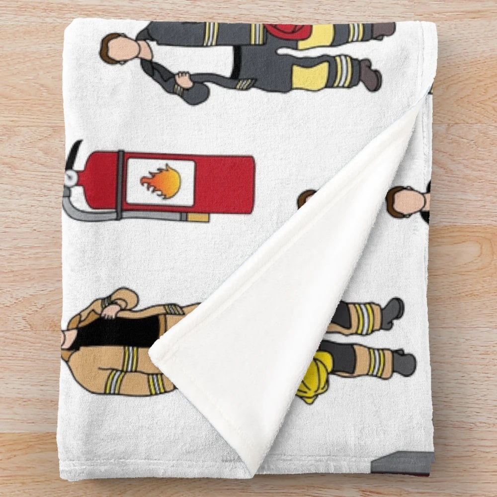 Fireman-themed plush blanket with fire truck, firefighter, and dalmatian design