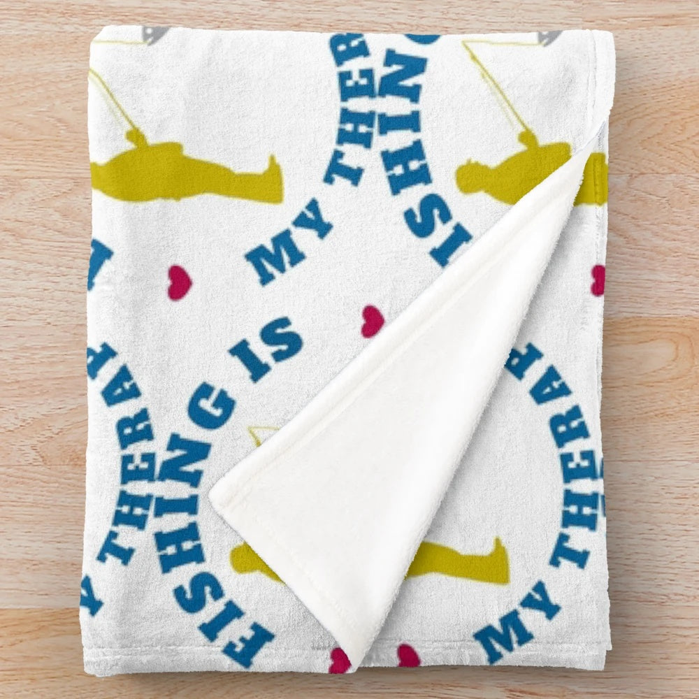 Soft and plush fishing-themed blanket with text "Fishing Is My Therapy