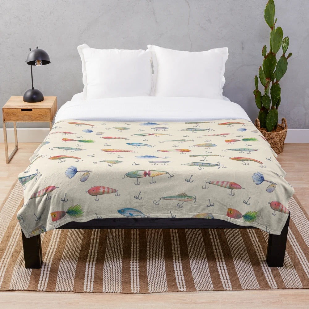 Fishing lures plush blanket with a watercolor and vintage design